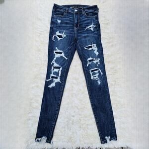 Shredded Jeans Super Hi-Rise Jeggings AEO Size 8 Dark Stretch Distressed Denim